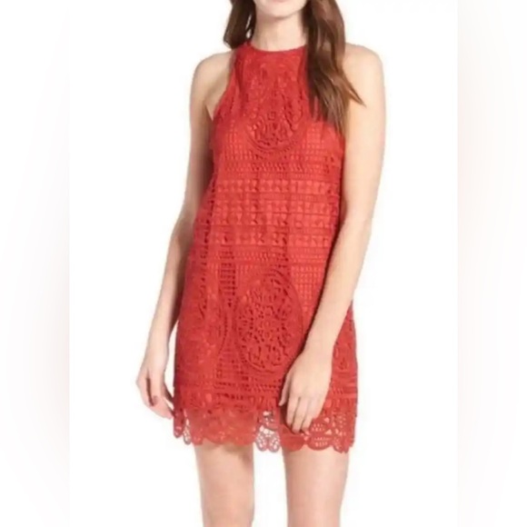 Revolve| Lovers + Friends Warm Red Sleeveless Crochet Lace Mini Shift Dress - Picture 4 of 11
